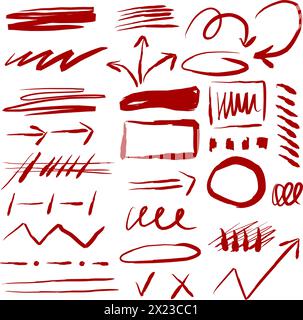 Un gruppo di frecce, cornici e linee disegnate con il pennello. Simboli rossi disegnati a mano per i diagrammi disegnati a mano. Disegno vettoriale con marker. Molte frecce curve. Illustrazione Vettoriale