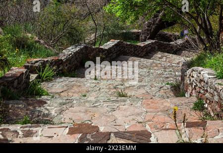 Una scala in pietra conduce a diversi voli nel parco del monastero sopra Sveti Stefan in Montenegro. Sentiero Egorova. Sfondo Foto Stock