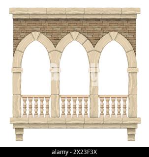 Facciata con balcone in stile gotico con archi in pietra Illustrazione Vettoriale