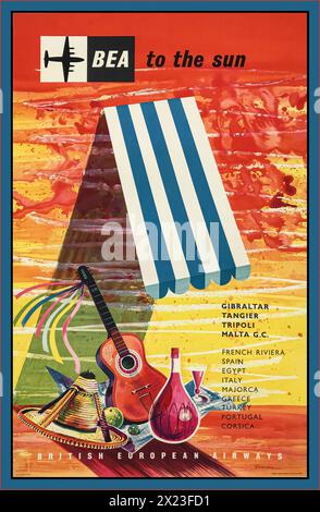 British European Airlways. BEA to the Sun 1950's Vintage British Airline Travel Advertisement Lithograph poster Gibilterra Tangeri Tripoli Malta GC Foto Stock