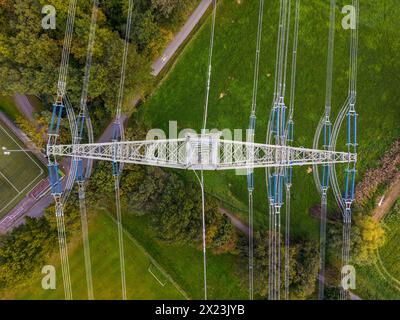 Immagine superiore di un pilone ad alta tensione con linee elettriche in natura verde come tecnologia in natura Foto Stock