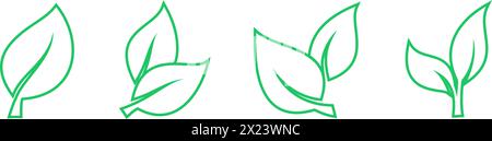 Set di icone lineari verdi a foglia come simboli della strategia di protezione ambientale Illustrazione Vettoriale