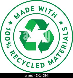 Realizzato con materiale riciclato, cartello con materiale riciclato, sigillo con simbolo riciclato Illustrazione Vettoriale