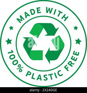 Realizzato con plastica, materiale riciclato, cartello materiale riciclato, sigillo simbolo riciclato, 100% plastica, icona biodegradabile Illustrazione Vettoriale