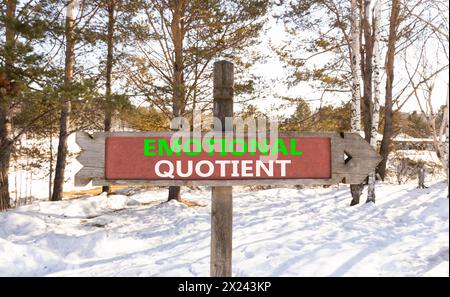 Simbolo del quoziente emotivo EQ. Parole concettuali EQ quoziente emotivo su un bellissimo cartello stradale in legno. Splendida foresta con cielo innevato. Psicopatico degli affari Foto Stock