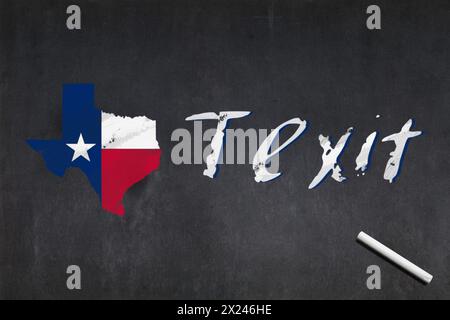 Lavagna con disegnato la mappa del Texas riempita con la bandiera texana e la parola "Texit" accanto ad essa. Foto Stock