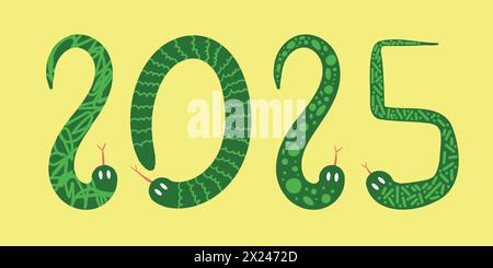 Serie di serpenti isolati su sfondo giallo. Felice anno nuovo cinese 2025 il segno zodiacale serpente. 2025 anno cinese del serpente. Decorare i numeri VECTO Illustrazione Vettoriale