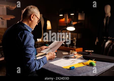 Sartoria senior che concettualizza abiti per il cliente desiderato seguendo bozze disegnate a mano. Sarto anziano che guarda i disegni, si prepara a creare capi di abbigliamento sartoriale Foto Stock