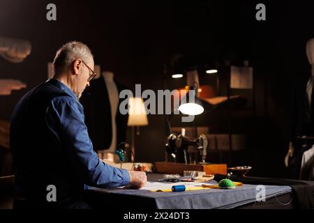 Sartoria anziana che lavora con gli aghi in un'accogliente area di lavoro scura dell'atelier, controllando le correnti d'abbigliamento. Un vecchio corriere che guarda i disegni degli schizzi, si prepara a produrre indumenti per il cliente Foto Stock