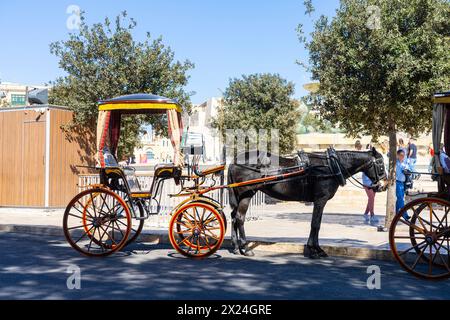 La Valletta, Malta, 3 aprile 2024. vista delle vecchie carrozze trainate da cavalli che portano i turisti in giro per la città Foto Stock