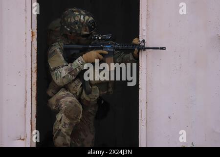 Un soldato assegnato alla 101st Airborne Division (Air Assault) tira la sicurezza su un obiettivo durante un raid diurno con i berretti verdi del 5th Special Forces Group (Airborne). L'addestramento è stato condotto per migliorare espirit-de-corp e per aumentare la preparazione dell'unità. (Foto dell'esercito degli Stati Uniti di staff Sgt. Brandon J. White). Foto Stock