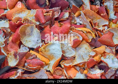 Buccia asciutta di mandarini e banane primo piano. Foto Stock