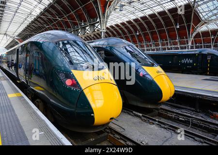Londra, Regno Unito - 23 marzo 2024 - treni passeggeri moderni GWR in attesa al binario della stazione di Londra Paddington Foto Stock