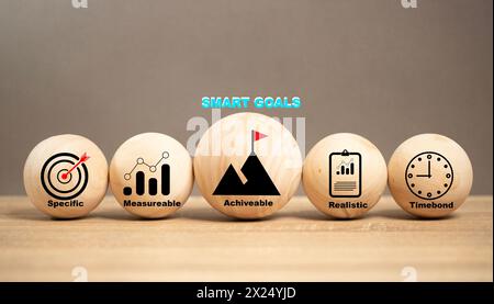 Concetto di Smart Goal, Business e SMART Symbol sulla palla di legno con le parole "SMART, Specific Measurable Achievable, realistico puntuale. La strategia Foto Stock
