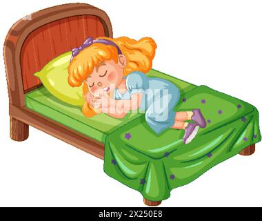 Immagine di un bambino che dorme profondamente nel letto. Illustrazione Vettoriale