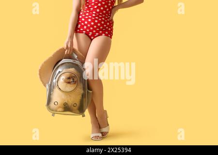 Turista donna con cane della Pomerania in porta zaino e cappello estivo su sfondo giallo Foto Stock