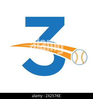 Logo baseball sulla lettera 3 con simbolo di baseball in movimento. Insegna baseball Illustrazione Vettoriale