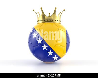 Pallone da calcio bandiera della Bosnia con corona su sfondo bianco. illustrazione 3d. Foto Stock