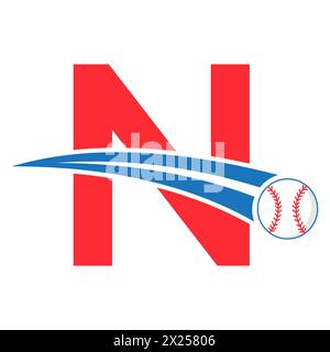 Logo baseball sulla lettera N con simbolo di baseball in movimento. Insegna baseball Illustrazione Vettoriale