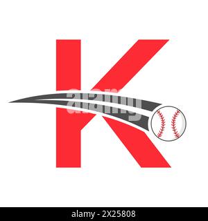 Logo baseball sulla lettera K con simbolo di baseball in movimento. Insegna baseball Illustrazione Vettoriale