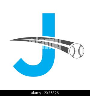 Logo baseball sulla lettera J con simbolo di baseball in movimento. Insegna baseball Illustrazione Vettoriale