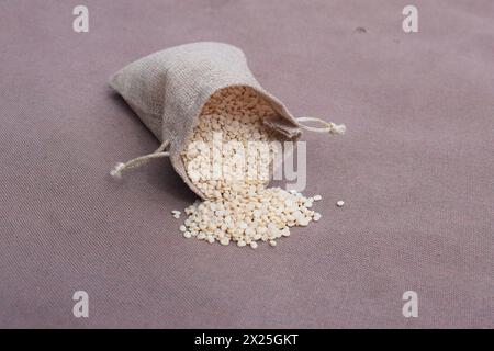 Lenticchie bianche biologiche crude, vigna mungo in una borsa gunny. Primo piano di urad dal bianco lucidato a fessura organica (Vigna mungo) fuoriuscita da una borsa di iuta Foto Stock