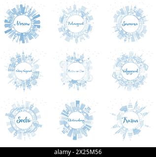 Delinea lo skyline della città russa con edifici blu e spazio copia. Paesaggio urbano con punti di riferimento. Mosca, Kaliningrad, Samara, Nizhny Novgorod, Rostov-on Illustrazione Vettoriale