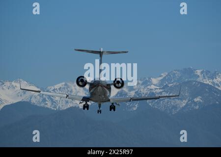 Aereo in volo sullo sfondo di montagne innevate. L'aereo si sta preparando ad atterrare Foto Stock