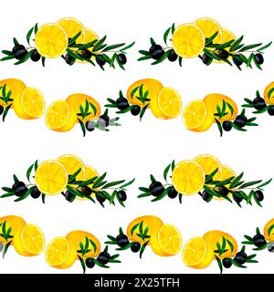 Motivo senza cuciture con ramoscello di oliva e limone per stampe su carta da parati, tessuti, fai da te, scrapbooking per il confezionamento. Per cucina e ristorante, cucina e ricetta Foto Stock