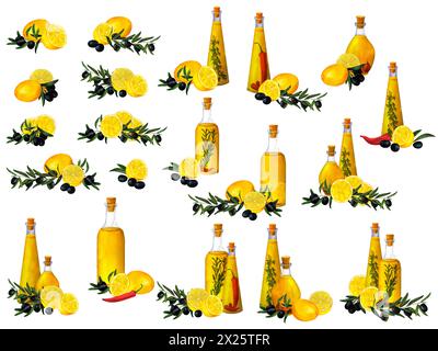 Bottiglia di olio d'oliva aromatico condita con erbe da cucina, peperoncino, timo, rosmarino, rami d'oliva e composizione acquerello al limone per la stampa Foto Stock