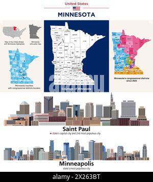 Mappa delle contee del Minnesota e dei distretti congressuali dal 2023. Saint Paul (capitale dello stato) e Minneapolis (città più popolosa dello stato) sk Illustrazione Vettoriale