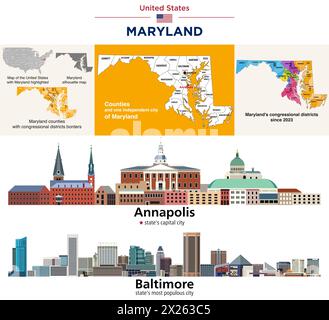 Mappa delle contee del Maryland e dei distretti congressuali dal 2023. Annapolis (capitale dello stato) e Baltimora (la città più popolosa dello stato) si attendono in cielo Illustrazione Vettoriale