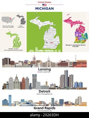 Mappa delle contee del Michigan e dei distretti congressuali dal 2023. Lansing (capitale dello stato), Detroit e Grand Rapids (la città più popolosa dello stato) Illustrazione Vettoriale