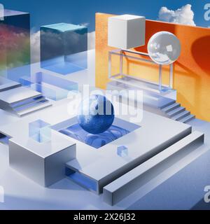 Sfera blu surreale in mezzo a forme geometriche colorate sotto cielo aperto, rendering 3D. Foto Stock