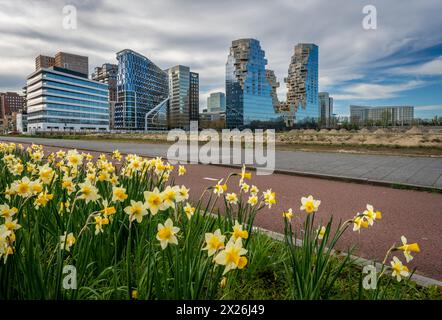 Skyline di Amsterdam Zuidas in primavera Foto Stock