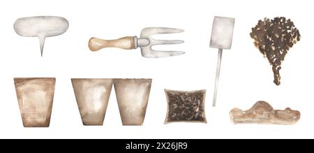 Set di attrezzi per giardino ad acquerello. Illustrazioni disegnate a mano: Pala da giardino, striscione e terreno. Oggetti da giardinaggio isolati su sfondo bianco. Foto Stock