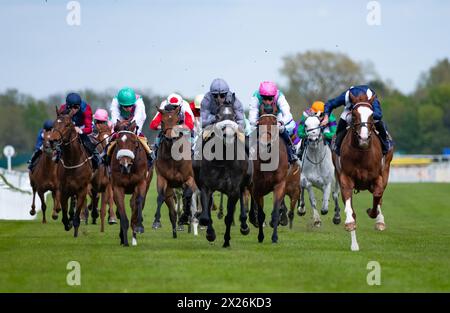 Newbury Races, Regno Unito. 20 aprile 2024. Economics e Tom Marquand vincono il Dubai Duty Free Tennis Championships "Confined" Maiden Stakes per l'allenatore William Haggas e la proprietaria Isa Salman al Khalifa. Crediti JTW equine Images / Alamy Live News Foto Stock