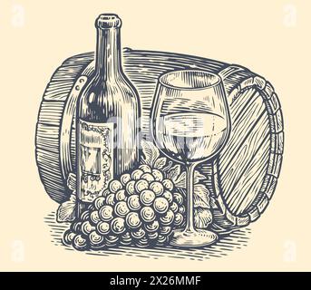 Bottiglia disegnata a mano e bicchiere di vino. Schizzo dell'azienda vinicola. Illustrazione vettoriale d'annata Illustrazione Vettoriale
