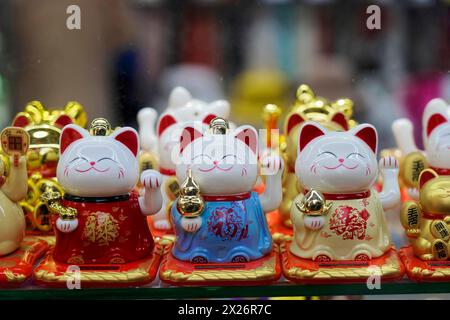 Passeggiando attraverso il quartiere restaurato di Tianzifang, Una collezione di gatti dorati, considerati portafortuna, su uno scaffale, Shanghai Foto Stock