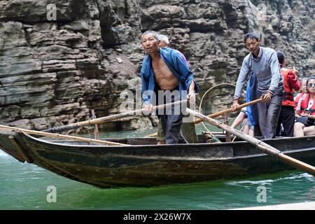 Barche speciali per le braccia laterali dello Yangtze, per i turisti delle navi da crociera fluviali, Yichang, Cina, Asia, i Rowers guidano una barca con passeggeri Foto Stock