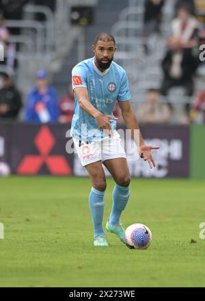 Parramatta, Australia. 20 aprile 2024. Georges Marie Samuel Souprayen del Melbourne City FC è visto in azione durante il turno 25 di Isuzu UTE A-League 2023-24 tra il Western Sydney Wanderers FC e il Melbourne City FC tenutosi al CommBank Stadium. Punteggio finale; Melbourne City FC 2:1 Western Sydney Wanderers FC. Credito: SOPA Images Limited/Alamy Live News Foto Stock