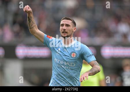 Parramatta, Australia. 20 aprile 2024. Il Marin Jakolis del Melbourne City FC è visto in azione durante il turno 25 di Isuzu UTE A-League 2023-24 tra il Western Sydney Wanderers FC e il Melbourne City FC, tenutosi al CommBank Stadium. Punteggio finale; Melbourne City FC 2:1 Western Sydney Wanderers FC. Credito: SOPA Images Limited/Alamy Live News Foto Stock