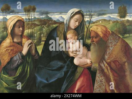Nunc Dimittis o Sacred Conversation è un dipinto a olio su pannello creato ca. 1505–1510 del maestro rinascimentale italiano Giovanni Bellini. Foto Stock