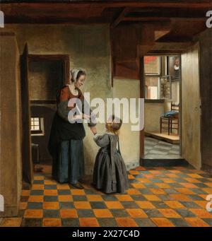 Dipinto di una donna con un bambino in una dispensa, del pittore olandese Pieter de Hooch, capolavoro d'arte Foto Stock