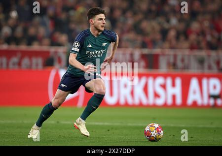 Declan Rice dell'Arsenal MONACO DI BAVIERA, GERMANIA - 17 APRILE: Incontro di andata e ritorno dei quarti di finale della UEFA Champions League tra il Bayern MŸnchen e l'Arsenal FC all'Allianz Arena il 17 aprile 2024 a Monaco di Baviera, Germania. FC Bayern MŸnchen - FC Arsenal Fussball UEFA Champions League Saison 2023 2023 Allianz Arena 4.10.2022 © diebilderwelt / Alamy Stock Foto Stock