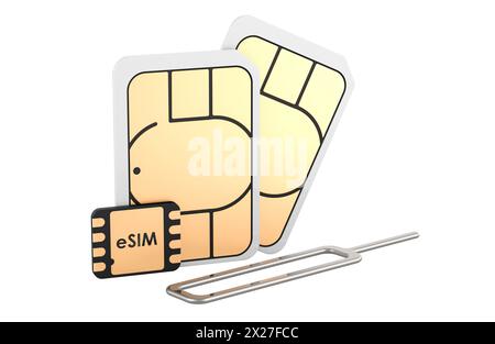 Schede SIM con pin di espulsione, rendering 3D isolato su sfondo bianco Foto Stock