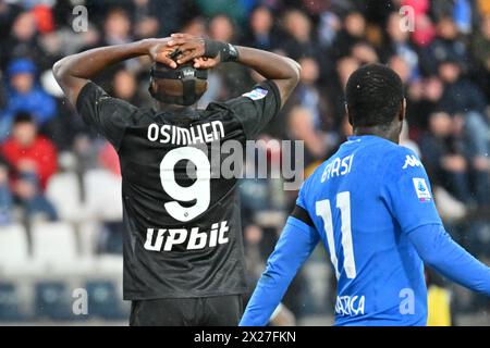 Empoli, Toscana, Italia. 20 aprile 2024. Victor Osimhen del Napoli reagisce durante la partita di calcio di serie A Empoli FC - SSC Napoli Stadio Carlo Castellani il 20 aprile 2024 a Empoli, Italia (Credit Image: © Ciro De Luca/ZUMA Press Wire) SOLO USO EDITORIALE! Non per USO commerciale! Foto Stock