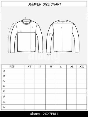 Tabella delle dimensioni dei ponticelli. Schizzo della felpa sul davanti e sul retro. Misurazioni degli indumenti. Uomo modello CAD. Modello di disegno tecnico illustrazione vettoriale. Illustrazione Vettoriale