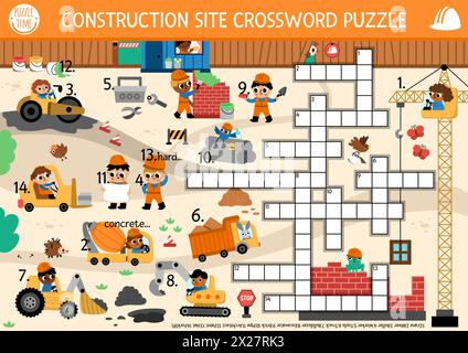 Puzzle vettoriale per bambini con paesaggio da cantiere. Quiz con lavoratori, veicoli industriali, casa di mattoni per bambini. Carino educativo Illustrazione Vettoriale