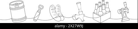 Set di birra a una linea di disegno continuo. Fusto in metallo, apribottiglie, salsicce, spillatore di birra continuo a una linea. Illustrazione lineare vettoriale. Illustrazione Vettoriale